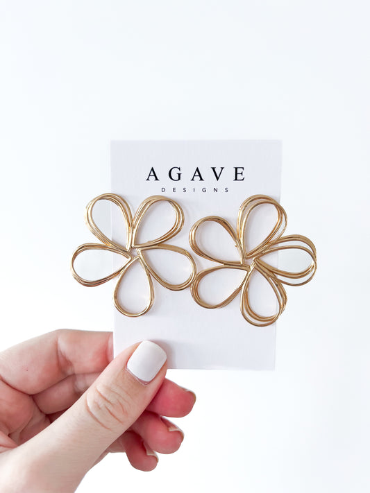 A hand with white nail polish holds a card labeled "Agave Designs," displaying two exquisite Loopy Flower Studs crafted as 50mm gold wire floral earrings, set against a pristine white background.