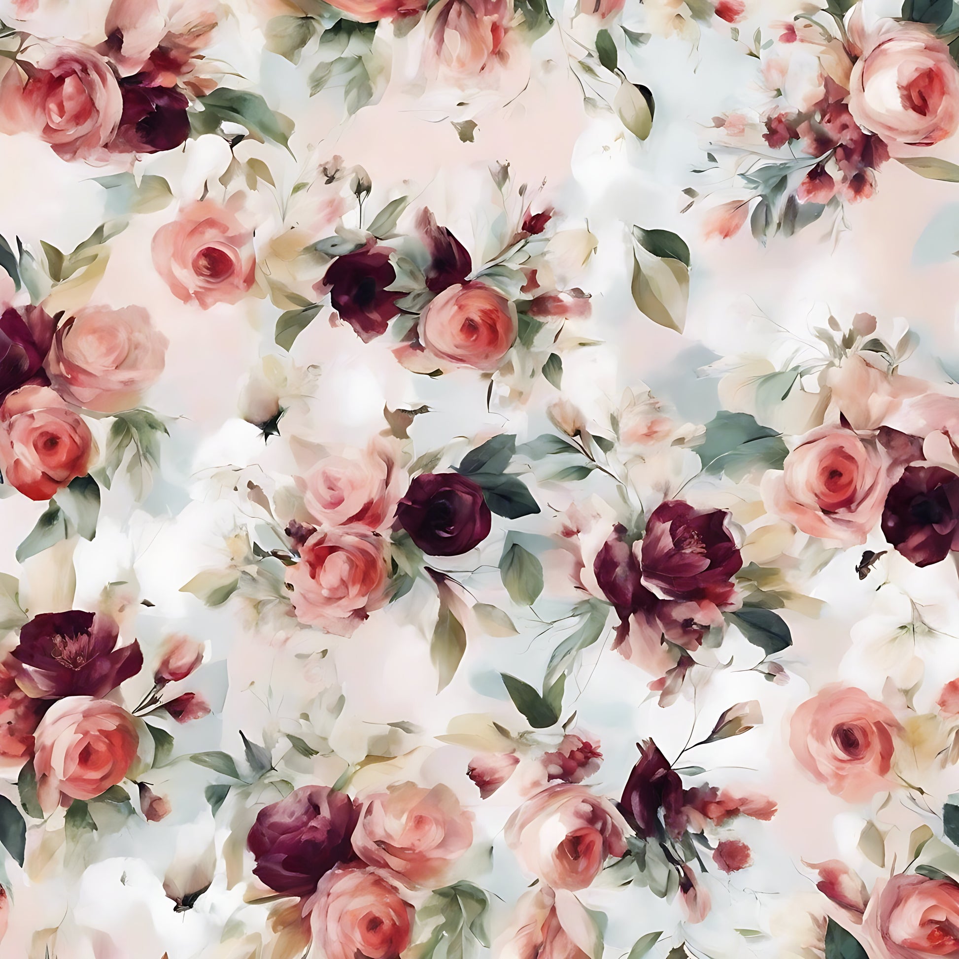 Introducing the August Transfer Sheet by Agave Designs, showcasing a seamless floral pattern adorned with romantic, watercolor-style roses in shades of pink, burgundy, and white. Green leaves are artfully interspersed throughout the design. The background features a soft, blurred mix of pale pastels with a resin-like finish, evoking an elegant vintage feel.