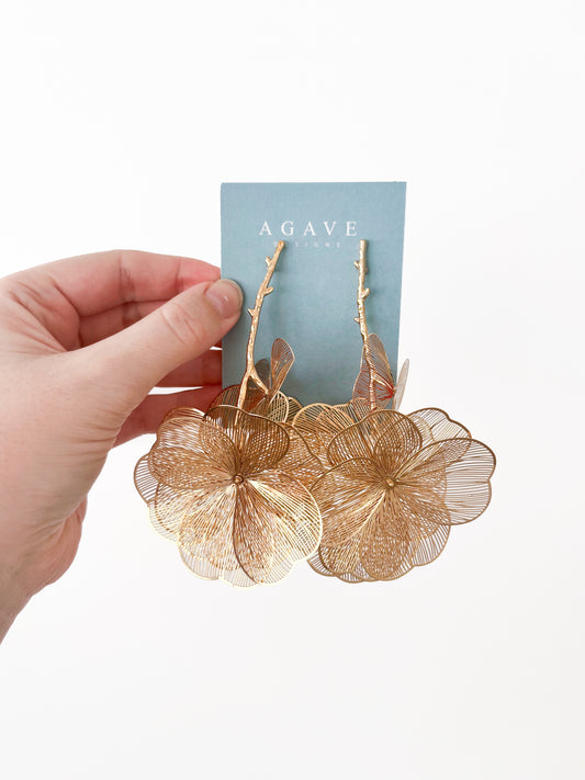A person holds a pair of Chunky Double Flower Danglies against a light blue card featuring the "Agave Designs" text. Crafted from zinc alloy, these 85mm x 60mm earrings display delicate flower shapes with intricate petal patterns.