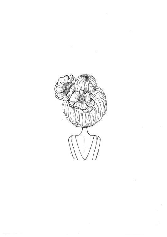 Line drawing of a person from behind, with hair styled in a bun adorned with large anemone flowers, wearing a V-neck top. Entitled "Grace" by Agave Designs, the image is simple and minimalistic, featuring clean lines on a plain white background, conveying tranquility and protection.
