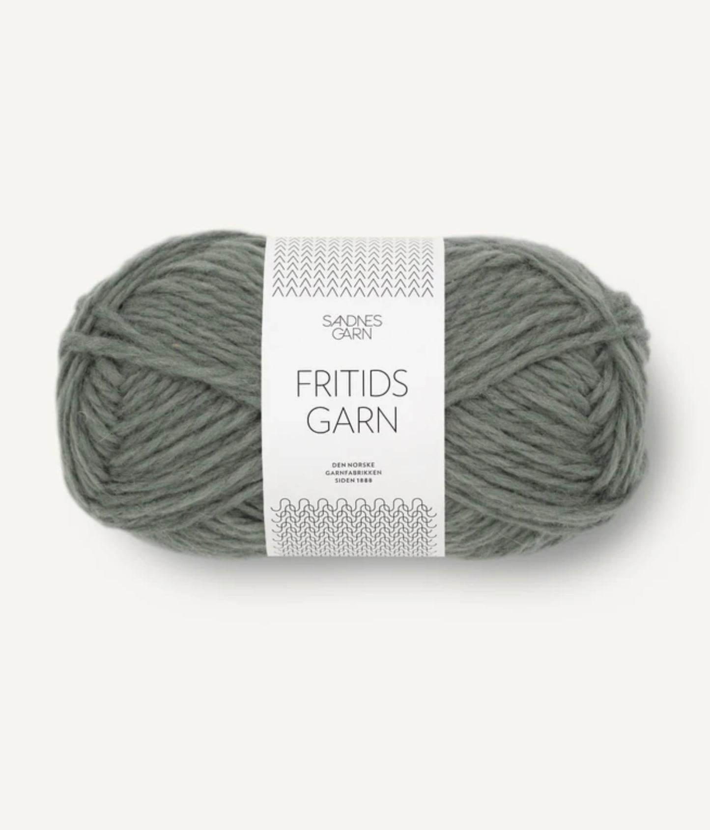 A skein of sage green yarn labeled "Agave Designs" from the Sage Green Wool Slipper collection, crafted from Norwegian wool. The yarn is neatly rolled, with a white paper band around the center displaying the brand and product name along with minimalistic designs and text.