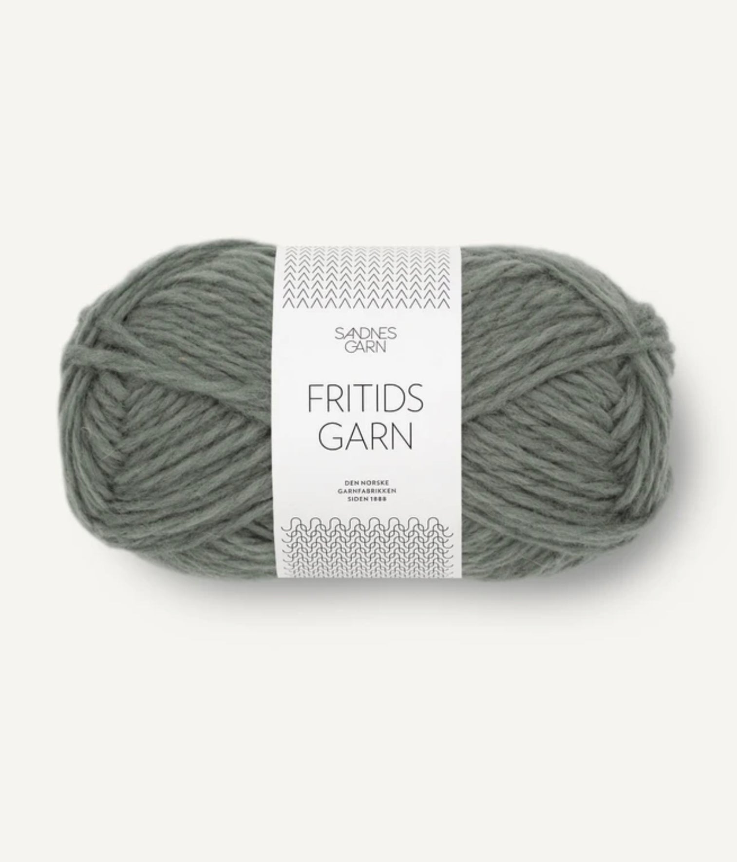 A skein of sage green yarn labeled "Agave Designs" from the Sage Green Wool Slipper collection, crafted from Norwegian wool. The yarn is neatly rolled, with a white paper band around the center displaying the brand and product name along with minimalistic designs and text.