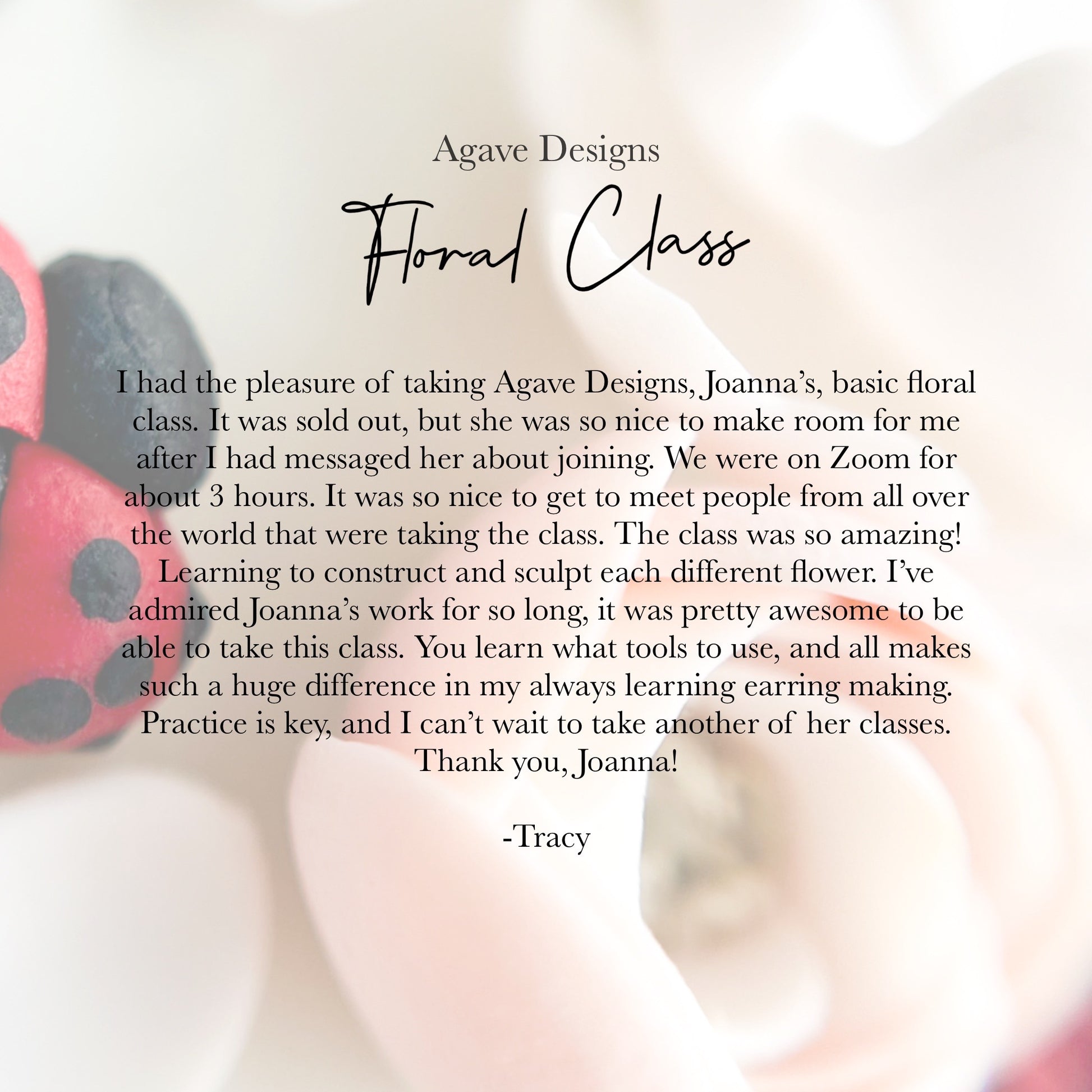 An image with a text endorsement for Agave Designs' Everything Florals - Live Class. The text praises Joanna's live workshop for its detailed instruction, useful tools, and skills learned. Background includes white flowers and a red and black ladybug figurine.