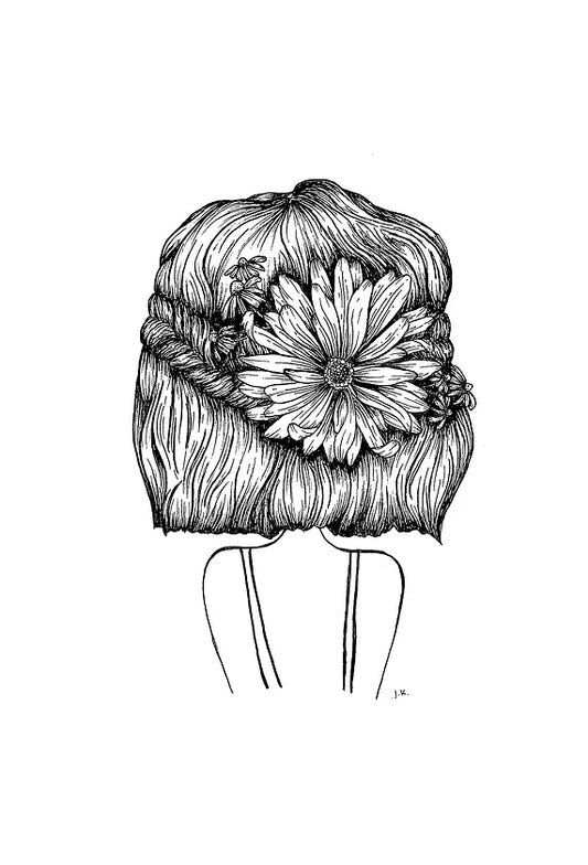 The "Innocence" artwork by Agave Designs features a black and white line drawing of a person's hairstyle viewed from the back, intricately styled with braids and adorned with a large daisy alongside smaller flowers, printed on 300g/m² paper for an elegant and artistic appearance.
