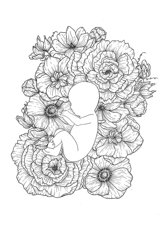 The artwork "Life" by Agave Designs features a line drawing of a fetus on 300g/m2 paper, artfully encircled by large, detailed flowers such as poppies and ranunculus. The intricate floral imagery gracefully frames the central illustration of the fetus against a simple background.