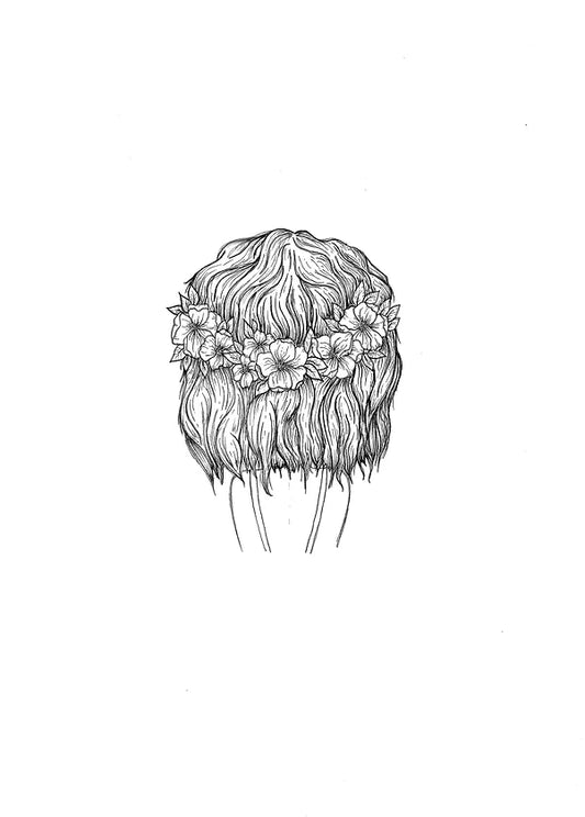 Illustration titled "Paradise" by Agave Designs featuring long hair viewed from the back, adorned with a crown of anemone flowers. The black and white line drawing emphasizes the intricate details of both the floral and hair textures.