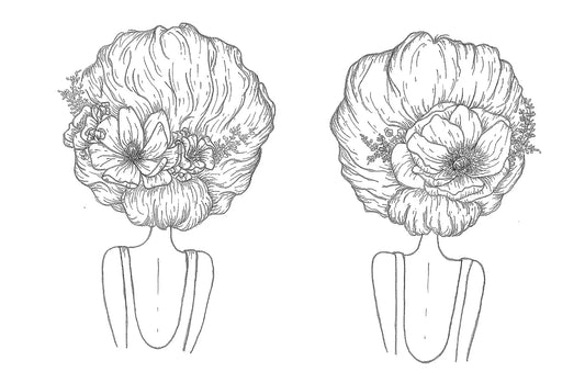 Line art illustration titled "Sisters" by Agave Designs, showcasing a woman with her hair styled into an exquisite Magnolia flower shape, viewed from the back. The hair resembles petals adorned with detailed floral elements, including leaves and small blossoms, creating an elegant line drawing.