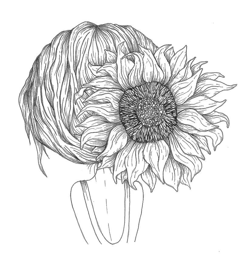 The "Sunshine" by Agave Designs features a black and white line drawing of a person seen from behind, with a large sunflower intertwined in their hair. The sleeveless top beautifully highlights the intricate sunflower petals, exuding elegance and admiration.