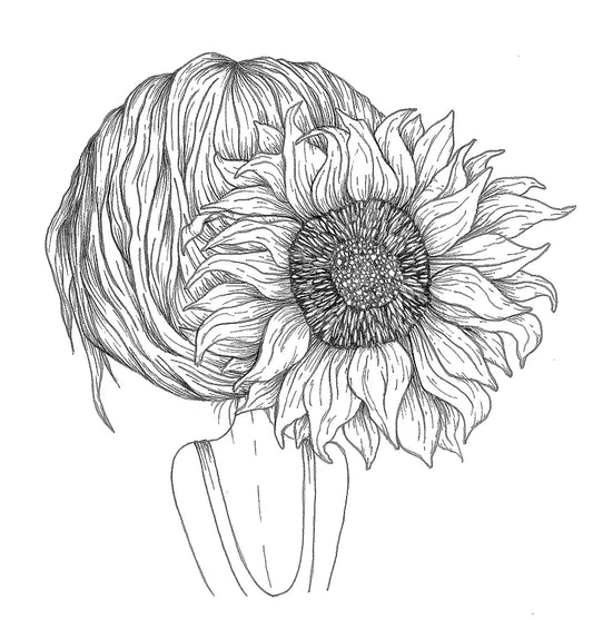 The "Sunshine" by Agave Designs features a black and white line drawing of a person seen from behind, with a large sunflower intertwined in their hair. The sleeveless top beautifully highlights the intricate sunflower petals, exuding elegance and admiration.