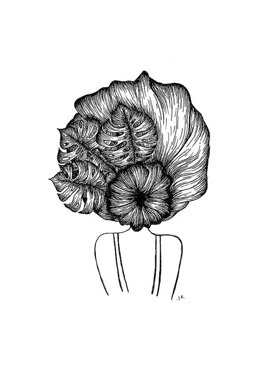 The intricately detailed illustration, featuring a person with a philodendron flower as their head, combines human and botanical elements with lines suggesting shoulders. This black and white line drawing by Agave Designs, titled "Respect," is perfect for display on 300g/m2 paper.