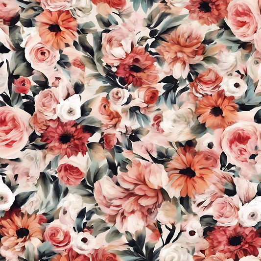 The September 2 Transfer Sheet by Agave Designs features a vibrant, detailed pattern of various flowers including roses, daisies, and peonies in shades of pink, orange, and white with green foliage. The flowers overlap on a clay slab, creating a dense, lively, and colorful floral arrangement.