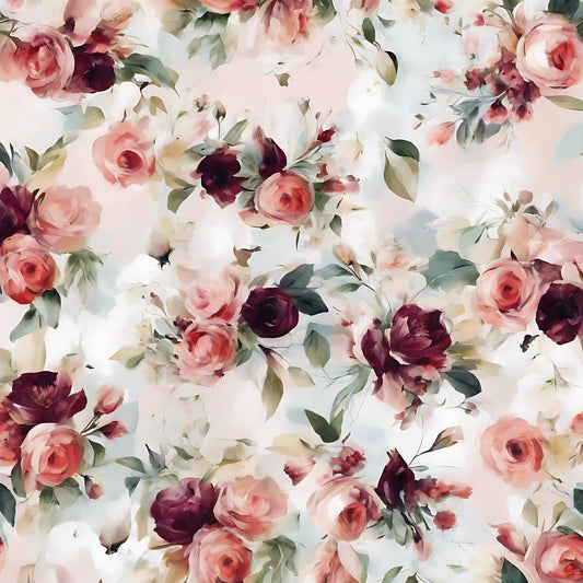 Introducing the August Transfer Sheet by Agave Designs, showcasing a seamless floral pattern adorned with romantic, watercolor-style roses in shades of pink, burgundy, and white. Green leaves are artfully interspersed throughout the design. The background features a soft, blurred mix of pale pastels with a resin-like finish, evoking an elegant vintage feel.