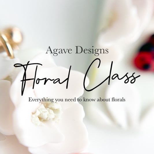 An image featuring an advertisement for Agave Designs' "Everything Florals - Live Class," showcasing the text "Everything you need to know about florals" over a blurred background of white flowers. Join our live workshop for hands-on experience and master the art of polymer clay floral designs.