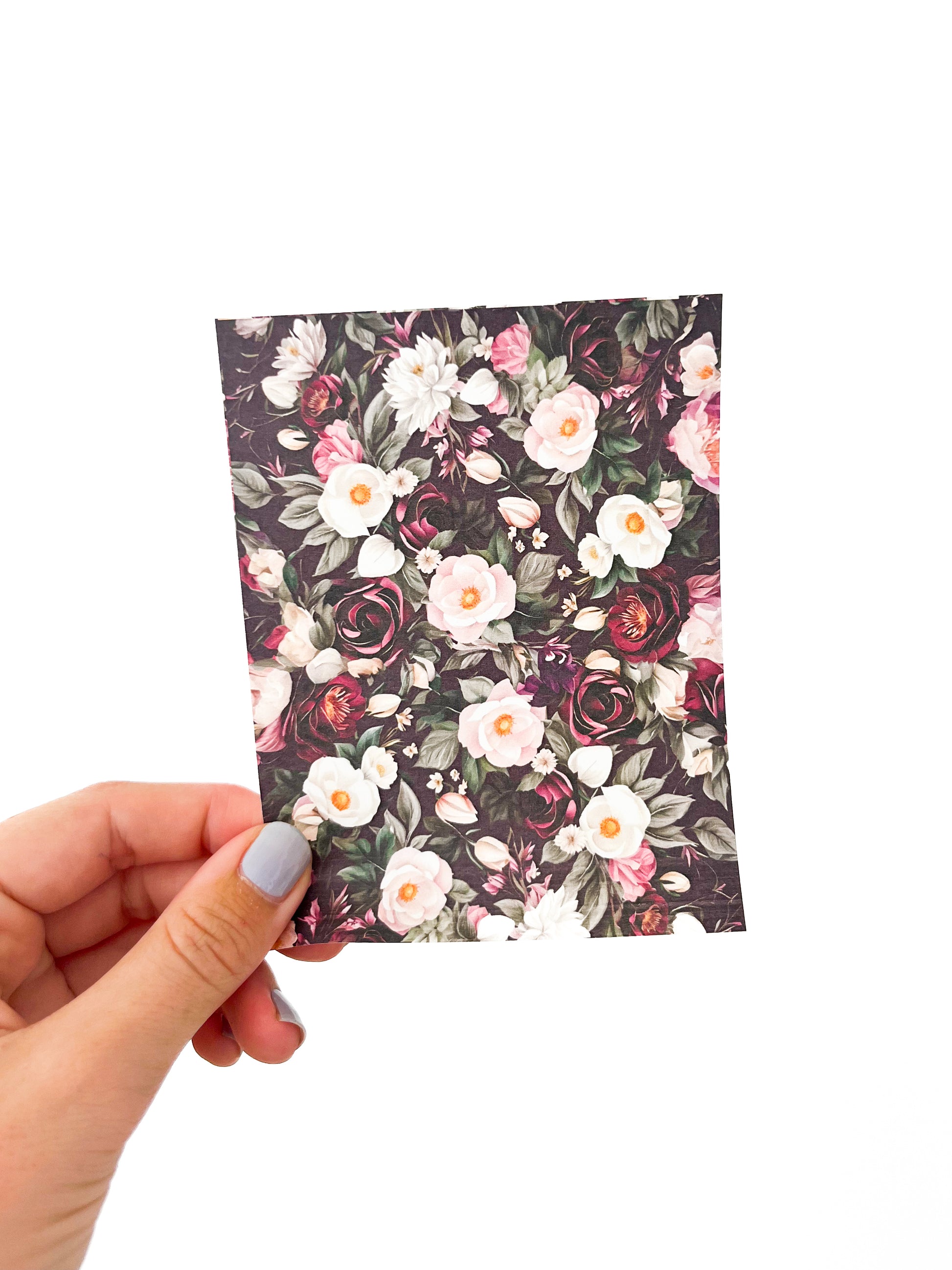 A hand with light gray nail polish holds a small rectangular piece of the October Transfer Sheet from Agave Designs, featuring a dark background adorned with white, pink, and burgundy flowers and green leaves. The background is plain white.