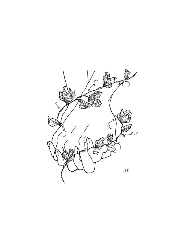 The "Perfect Love" by Agave Designs features a line drawing of two hands softly intertwined, adorned with sweet pea flowers and leaves. This minimalistic design embodies blissful pleasure and is set against a plain background.