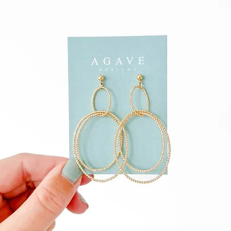 A hand with painted nails holds a blue card labeled "Agave Designs." Hanging from the card is a pair of Gold Hoop Danglies. The earrings are 14k gold plated and feature twisted rope-like double hoop designs with a smaller oval hoop at the top and a larger circular hoop at the bottom, measuring 65mm x 35mm.